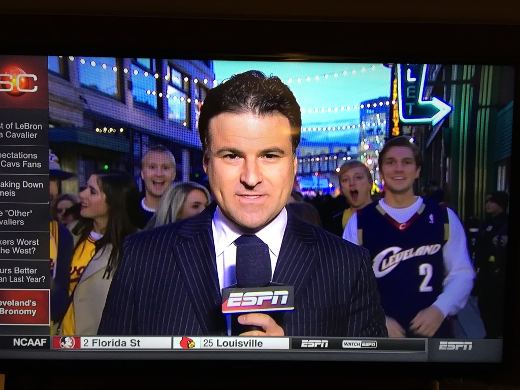 And again. After this segment, I shook hands with the man I was screaming behind, ESPN personality Darren Rovell. I did not inform him that a few hours earlier, I had made the observation that he has a “smug, stupid face.”